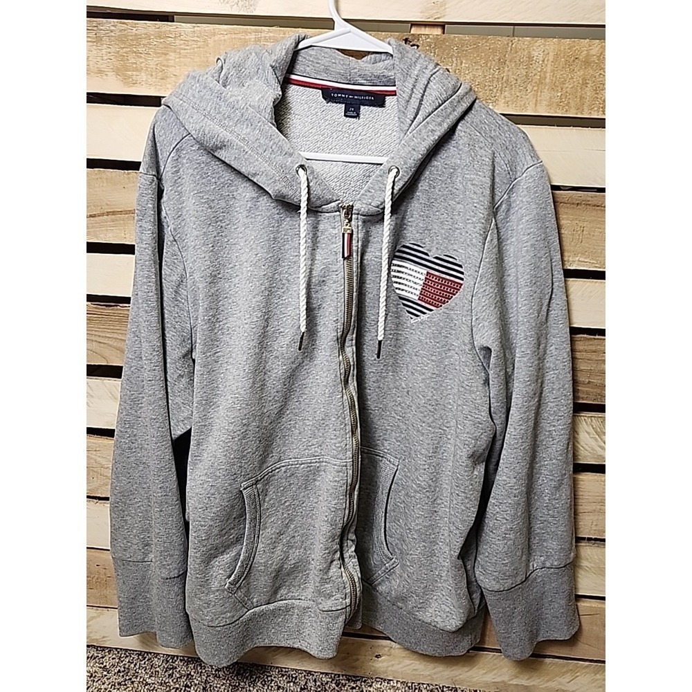TOMMY HILFIGER TH GRAY Cotton Hoodie Blue Red Crystal Heart Womens Size 2XL